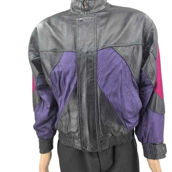 Vintage Saxony Leather & Nylon Bomber Colorblock Jacket Men's Medium - Picture 2 of 8